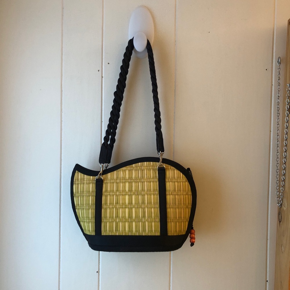 BASKETS OF CAMBODIA Straw Black Rattan Detach Strap Shoulder Bag